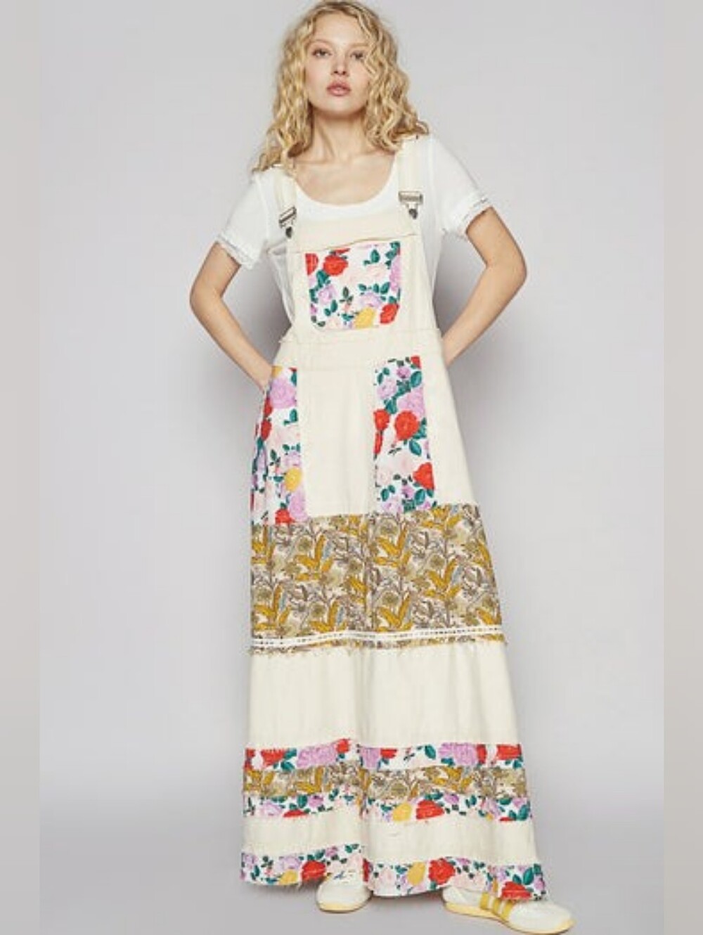POL Mixed Print Patchwork Overall Dress in Oatmilk NWOT